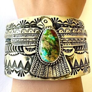 Wide Navajo Thunderbird Turquoise Cuff Bracelet 7in‎ Charles Johnson 88g Stamped